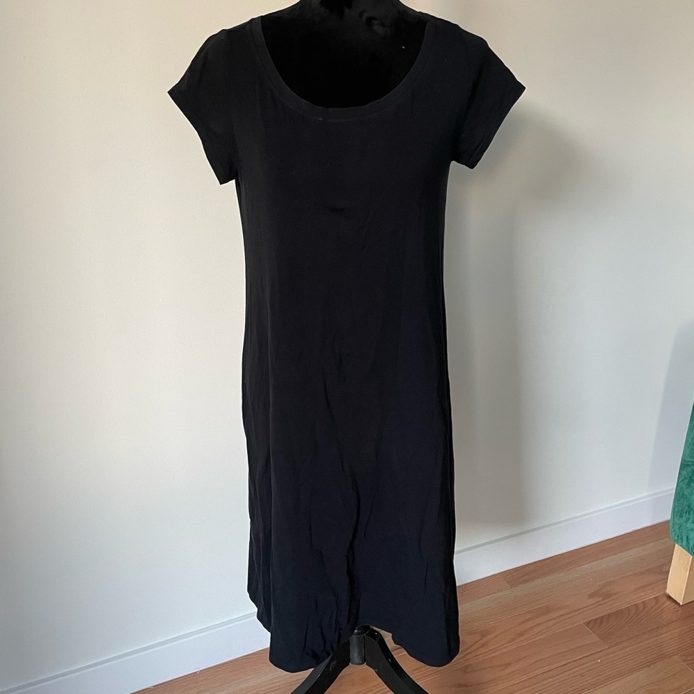 Eileen Fisher Organic Cotton Black Ballet Neck Short Sleeve Midi T-Shirt Dress S